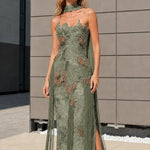 Elegance Beaded Halter Fringe Evening Gown
