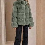 Stand Collar Paneled Faux Fur Plush Winter Jacket