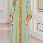 Embroidered Gold Trim V-Neck Kaftan Maxi Dress