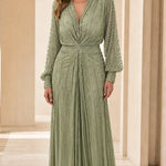 Elegant V-Neck Beaded Long Sleeve Evening Maxi Dress
