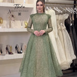 Long Sleeve Beaded Mock Neck Lace A-Line Tea-Length Evening Dress