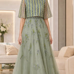 Floral Embroidered Beaded Flutter Sleeve Tulle A-Line Evening Gown