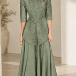 Embroidered 3/4 Sleeve A-Line Maxi Evening Gown with Mandarin Collar