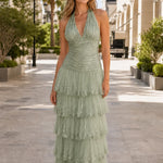 Halter Neck Ruched Bodice Tiered Sequin Tulle Maxi Evening Gown