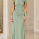 Off-the-Shoulder Ruched Formal Evening Gown with Beaded Applique