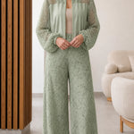 Women's Textured Mesh Panel Zip Jacket and Wide Leg Pants Two-Piece Set