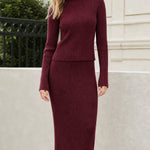 Ribbed Knit Long Sleeve Top and Maxi Skirt Two-Piece Set