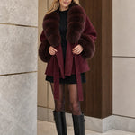Women's Plush Faux Fur Trim Belted Short Wrap Coat
