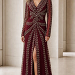 Elegant Beaded Long Sleeve V-Neck Evening Gown with Front Slit