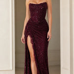 Strapless Beaded Corset Evening Gown with Lace-Trim High Slit