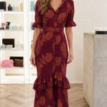 Paisley Print Belted Maxi Dress with Tiered Ruffle Hem and Flutter Sleeves