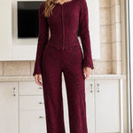 Floral Embroidered Lace Two-Piece Evening Pant Suit with Beaded Buttons