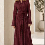 Elegant Pleated Shimmer Long Sleeve Maxi Dress with Waist Tie