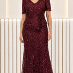 Sequined Embroidered Peplum Evening Gown with Short Sleeves