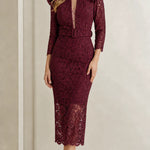 Elegant Floral Lace Belted Midi Dress with Ruffle Shoulders