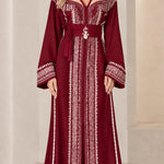 Embroidered Moroccan Caftan Maxi Dress with Fringe & Embellished Belt