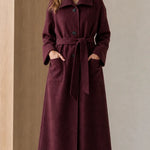 Women's Ribbed Knit Collar Longline Wool Blend Trench Coat with Belt