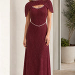 Pleated Cape Sleeve Beaded Maxi Dress with Cutout Detail
