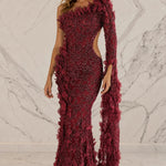 One-Shoulder 3D Floral Applique Cutout Maxi Evening Dress