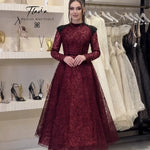 Long Sleeve Beaded Mock Neck Lace A-Line Tea-Length Evening Dress