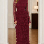 Elegant Lace Mock Neck Tiered Ruffle Maxi Dress