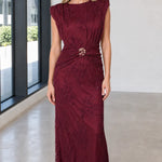 Elegance Embroidered Maxi Dress with Gold Buckle Accent
