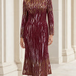 Metallic Sequin Chevron Long Sleeve Midi Evening Dress