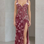 Sequined Corset Evening Gown with Bow Straps and Feather Hem