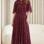 Elegant Sequin Embellished Mesh Overlay Maxi Dress