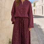 Women's Casual Two-Piece Long Sleeve Blouse and Printed Wide-Leg Pants Set