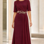 Elegant Beaded Waist Draped Short Sleeve Maxi Evening Dress