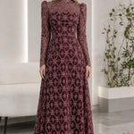 High Neck Beaded Mesh Long Sleeve A-Line Evening Gown