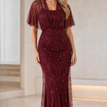 Beaded Flutter Sleeve Evening Gown Elegant Sparkle Maxi Dress
