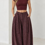 Women's High Waisted Pleated Balloon Pants Plaid Wide Leg Casual Trousers