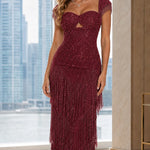 Rhinestone Sweetheart Fringe Maxi Gown with Cap Sleeves