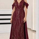 Sequin V-Neck Cold-Shoulder Evening Gown with Draped Satin Train