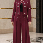 Star Embellished Cropped Jacket and Pleated Wide Leg Pants 2-Piece Suit Set