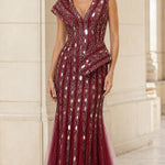 Mirrored Sequin Embellished Peplum Mermaid Evening Gown