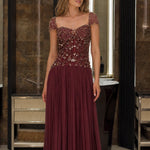 Cap Sleeve Beaded Bodice Pleated Chiffon Evening Gown