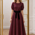 Women's Textured Puff Sleeve A-Line Midi Dress with Velvet Waist Tie