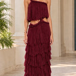 One-Shoulder Cutout Tiered Ruffle Maxi Dress with Braided Rope Trim