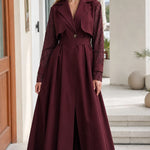 Lace-Sleeve Trench Maxi Coat Dress with Matching Belt