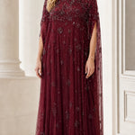 Elegant Beaded Mesh Cape Maxi Dress