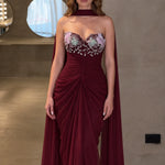 Floral Applique Sweetheart Evening Gown with Draped Cape Scarf