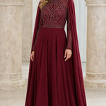 Elegant Beaded High-Neck Chiffon Evening Gown with Cape Sleeves