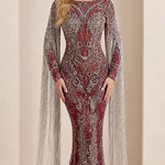 Beaded Cape Sleeve Mermaid Evening Gown with Fringe Tassels