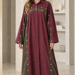Colorblock Button Accent Maxi Shirt Dress Modest Long Sleeve Kaftan