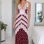 Polka Dot Lace Trim V-Neck Backless Maxi Dress