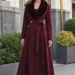 Elegant Faux Fur Shawl Collar Belted Maxi Flare Coat