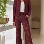 Floral Lace Two-Piece Pant Suit Set with Stand Collar Jacket and Flare Trousers